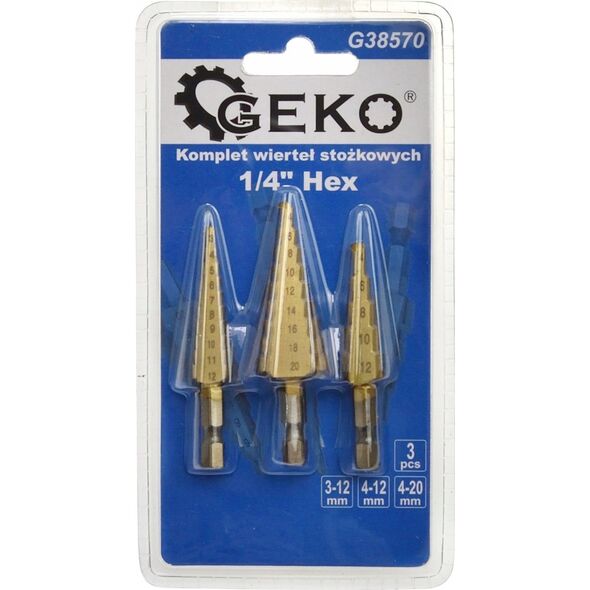 Wiertło Geko Kpl. wierteł stożkowych 1/4" Hex 3szt. (3-12,4-12,4-20mm) (100)