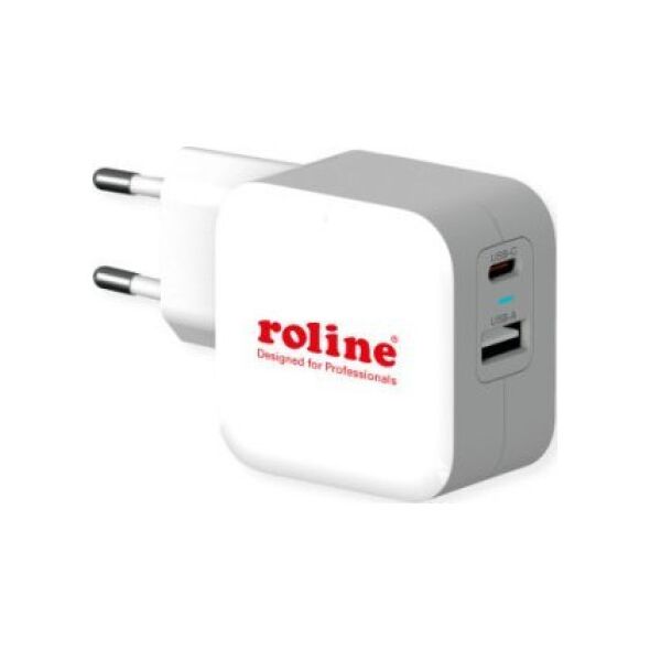 Adapter USB Roline Ładowarka USB ROLINE z wtyczką Euro, 2 porty (Typ-A QC3.0, Typ-C PD), 38W