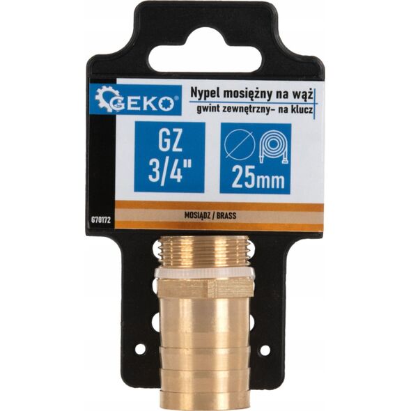 Geko Nypel mosięzny na wąż 25mm – gwint zewnętrzny 3/4" – na klucz (250)