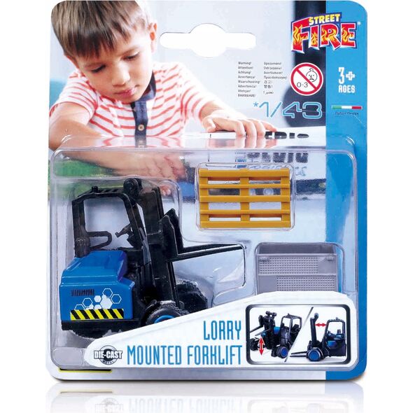 Bburago BBURAGO 1:43 lorry mounted forklift, with 1 pallet, 1 basket, 18-31479
