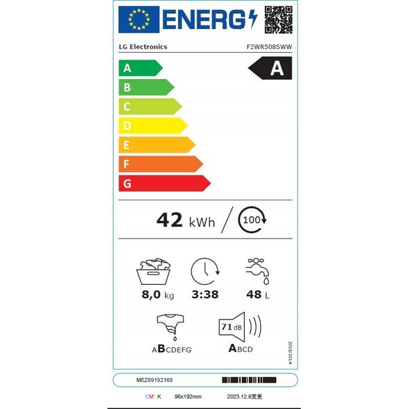 Pralka LG LG | Washing machine | F2WR508SWW | Energy efficiency class A-10% | Front loading | Washing capacity 8 kg | 1200 RPM | Depth 47.5 cm | Width 60 cm | Display | LED | Steam function | Direct drive | White