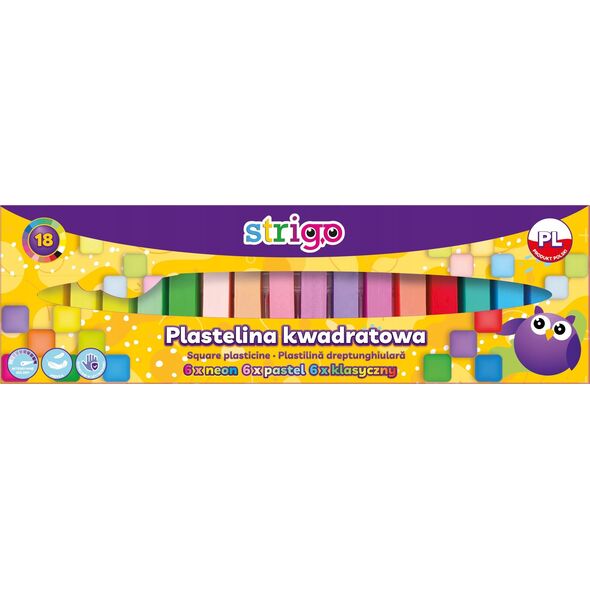 Strigo Plastelina kwadratowa STRIGO, 18 kolorów ( 6 klasycznych, 6 pastelowych, 6 neonowych)