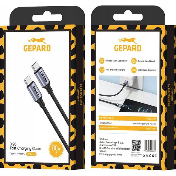 Kabel USB Gepard Kabel GEPARD USB-C - USB-C 60W metal head 2m
