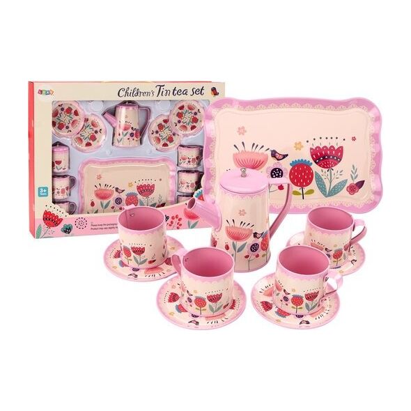 LeanToys Zestaw Do Kawy Herbaty Filiżanki Czajnik Taca Różowy Kawiarnia 12 ele.