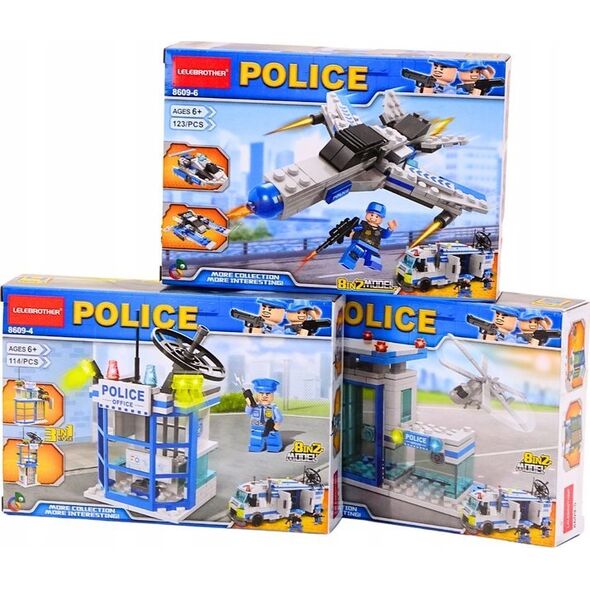 LeanToys Policja Łódź Samolot Helikopter Klocki Konstrukcyjne Niebieskie MIX