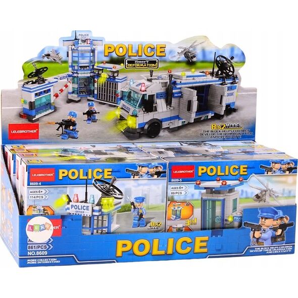 LeanToys Policja Łódź Samolot Helikopter Klocki Konstrukcyjne Niebieskie MIX