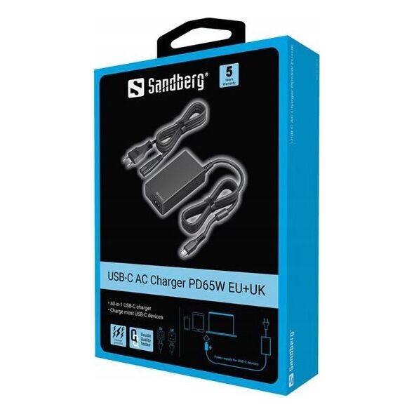 Zasilacz do laptopa Sandberg USB-C AC Charger PD65W EU+UK