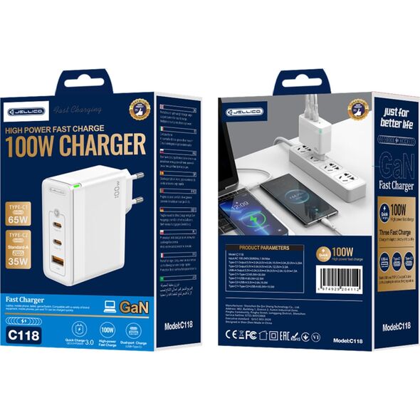 Ładowarka Jellico Ładowarka Sieciowa GaN 100W 1x QC3.0 USB + 2x PD USB-C Jellico C118 biała
