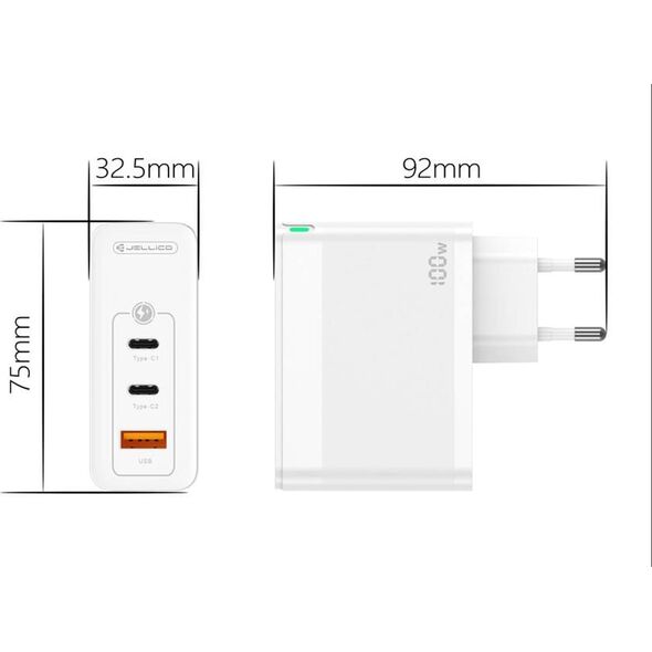Ładowarka Jellico Ładowarka Sieciowa GaN 100W 1x QC3.0 USB + 2x PD USB-C Jellico C118 biała