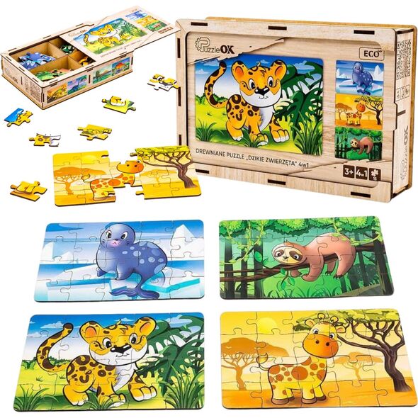 PuzzleOK Drewniane Puzzle 4w1 Dzikie Zwierzęta Układanka Zestaw Żyrafa Leniwiec