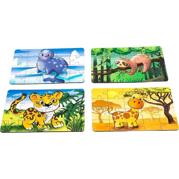 PuzzleOK Drewniane Puzzle 4w1 Dzikie Zwierzęta Układanka Zestaw Żyrafa Leniwiec
