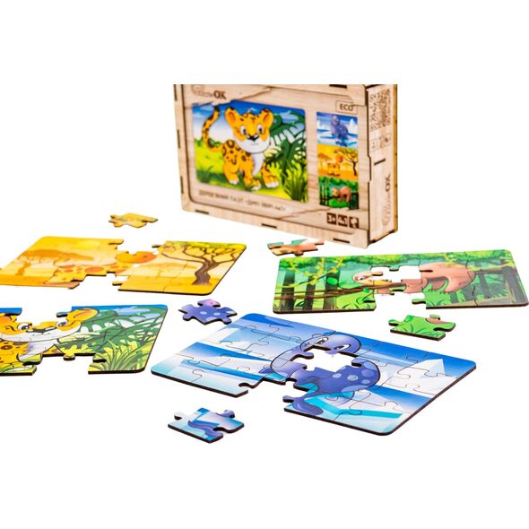 PuzzleOK Drewniane Puzzle 4w1 Dzikie Zwierzęta Układanka Zestaw Żyrafa Leniwiec