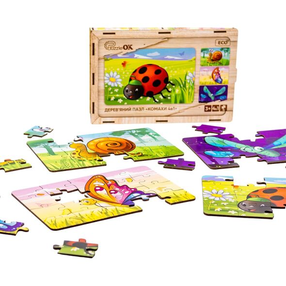 PuzzleOK Drewniane Puzzle 4w1 Owady Układanka Zestaw Zwierzątka Biedronka Ślimak