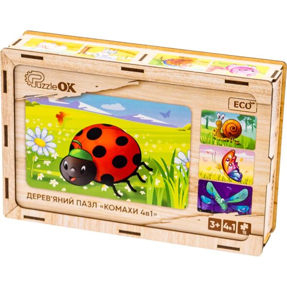 PuzzleOK Drewniane Puzzle 4w1 Owady Układanka Zestaw Zwierzątka Biedronka Ślimak