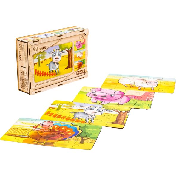 PuzzleOK Drewniane Puzzle 4w1 Zwierzęta Na Farmie Układanka Zestaw Farma