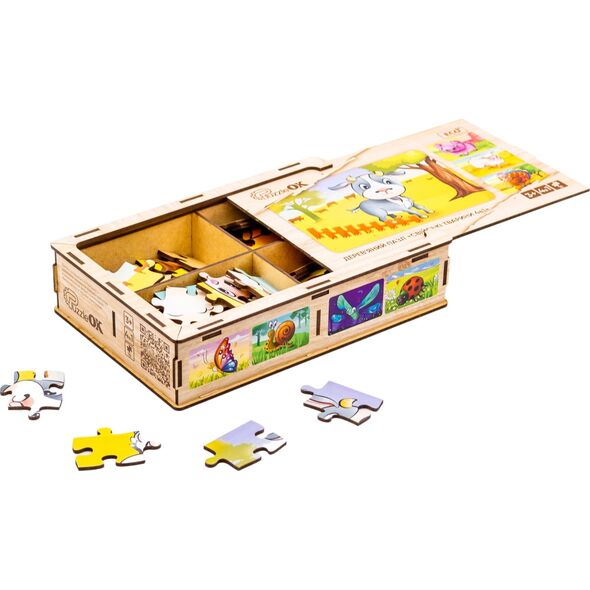 PuzzleOK Drewniane Puzzle 4w1 Zwierzęta Na Farmie Układanka Zestaw Farma