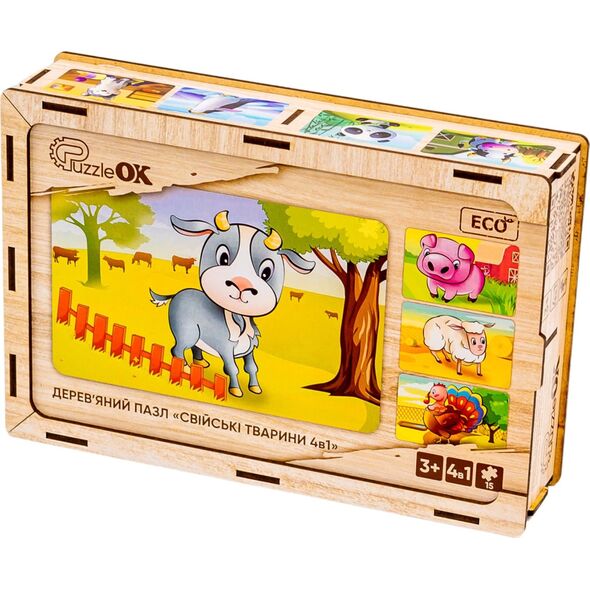 PuzzleOK Drewniane Puzzle 4w1 Zwierzęta Na Farmie Układanka Zestaw Farma