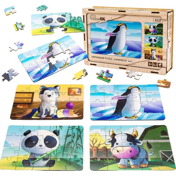 PuzzleOK Drewniane Puzzle 4w1 Zwierzęta Układanka Zestaw Krówka Piesek Panda Pingwin