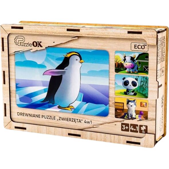 PuzzleOK Drewniane Puzzle 4w1 Zwierzęta Układanka Zestaw Krówka Piesek Panda Pingwin