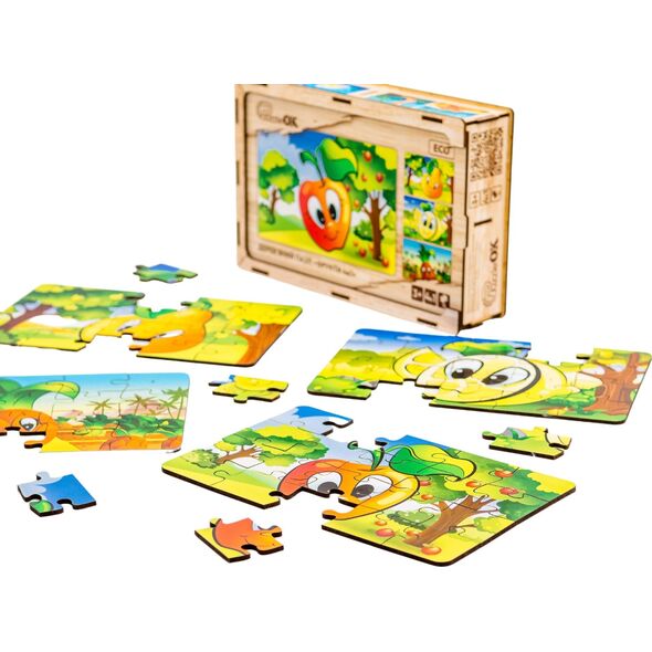 PuzzleOK Drewniane Puzzle 4w1 Owoce Układanka Zestaw Ananas Gruszka Cytryna Jabłko