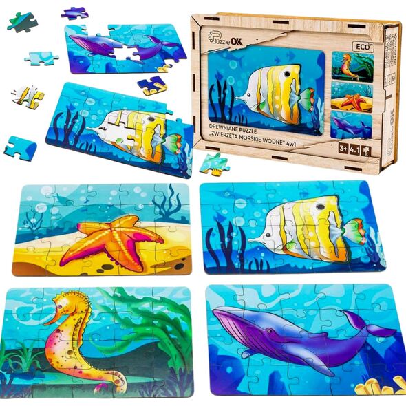 PuzzleOK Drewniane Puzzle 4w1 Zwierzęta Morskie Wodne Układanka Zestaw