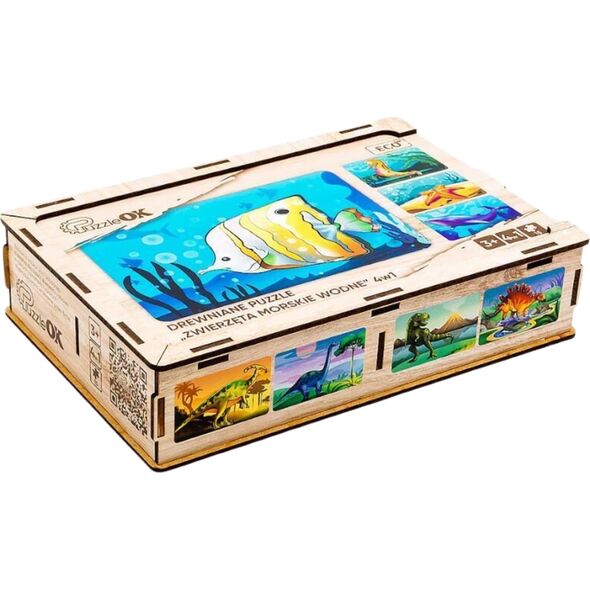 PuzzleOK Drewniane Puzzle 4w1 Zwierzęta Morskie Wodne Układanka Zestaw