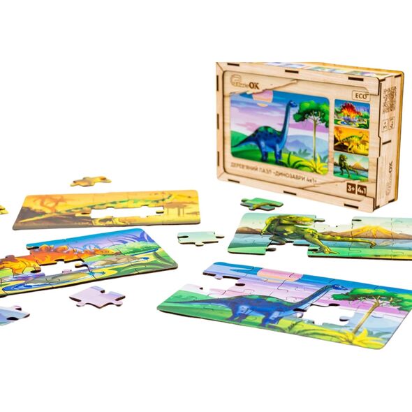 PuzzleOK Drewniane Puzzle 4w1 Dinozaury Układanka Zestaw Prehistoria Zabawka