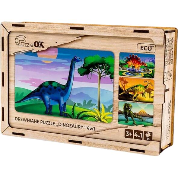 PuzzleOK Drewniane Puzzle 4w1 Dinozaury Układanka Zestaw Prehistoria Zabawka