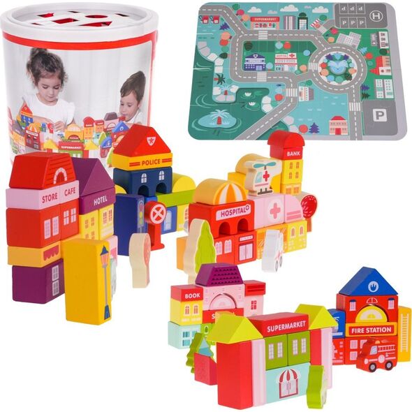 Jokomisiada Drewniane Klocki Miasto dla dzieci 3+ Puzzle Mata podłogowa + Sorter kształtów + Klocki 115 el.