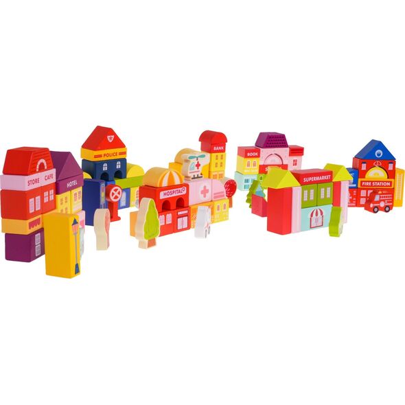 Jokomisiada Drewniane Klocki Miasto dla dzieci 3+ Puzzle Mata podłogowa + Sorter kształtów + Klocki 115 el.