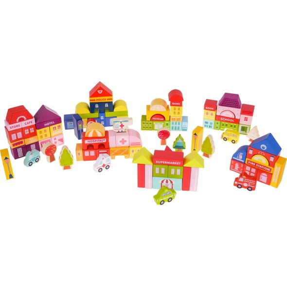 Jokomisiada Drewniane Klocki Miasto dla dzieci 3+ Puzzle Mata podłogowa + Sorter kształtów + Klocki 115 el.