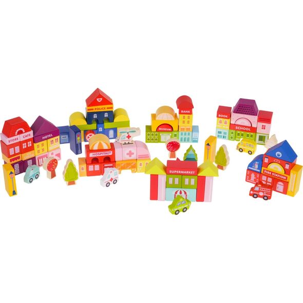 Jokomisiada Drewniane Klocki Miasto dla dzieci 3+ Puzzle Mata podłogowa + Sorter kształtów + Klocki 115 el.