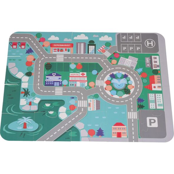 Jokomisiada Drewniane Klocki Miasto dla dzieci 3+ Puzzle Mata podłogowa + Sorter kształtów + Klocki 115 el.