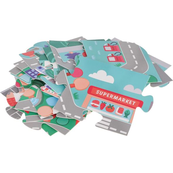 Jokomisiada Drewniane Klocki Miasto dla dzieci 3+ Puzzle Mata podłogowa + Sorter kształtów + Klocki 115 el.