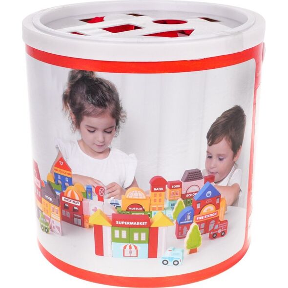 Jokomisiada Drewniane Klocki Miasto dla dzieci 3+ Puzzle Mata podłogowa + Sorter kształtów + Klocki 115 el.