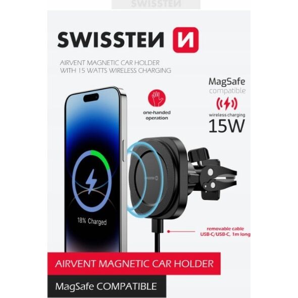 Swissten Magstick Compact Magnetic Car Holder With Wireless Charger 15W/7,5W (Magsafe Compatible)