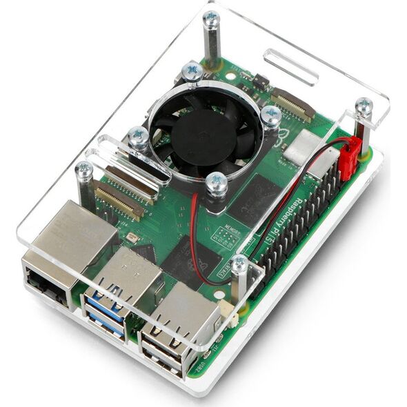 Gravlaser Obudowa do Raspberry Pi 5 - otwarta z wentylatorem - przezroczysta}