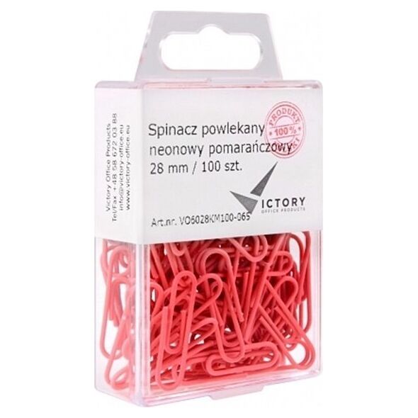 Victory Office Product Spinacze okrągłe 28mm VICTORY OFFICE PRODUCTS 6028KM100-065 neonowe pomarańczowe metalowepowlekane w zawieszanym pojemniku plastikowym 100szt
