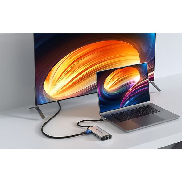 HUB USB Vention Vention Vėdinimo prijungimo stotelė 9 į 1: USB-C į HDMI/USB3.0 x 3/RJ45/SD/TF/garsas 3,5 mm/PD 0,15 pilka