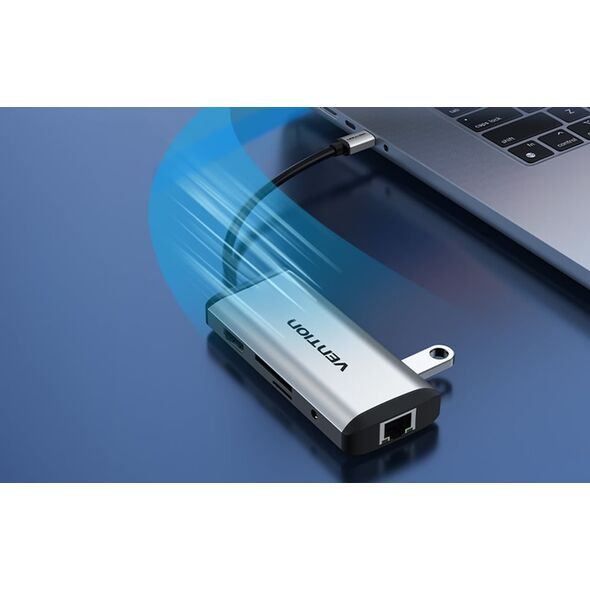 HUB USB Vention Vention Vėdinimo prijungimo stotelė 9 į 1: USB-C į HDMI/USB3.0 x 3/RJ45/SD/TF/garsas 3,5 mm/PD 0,15 pilka