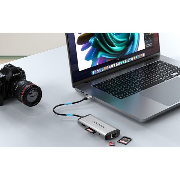 HUB USB Vention Vention Vėdinimo prijungimo stotelė 9 į 1: USB-C į HDMI/USB3.0 x 3/RJ45/SD/TF/garsas 3,5 mm/PD 0,15 pilka