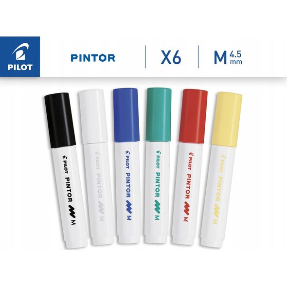 Pilot Pilot Pintor Classic, 6 pc(s), Black, Blue, Green, Red, White, Yellow, Bullet tip, Assorted colours, Round, 4.5 mm
