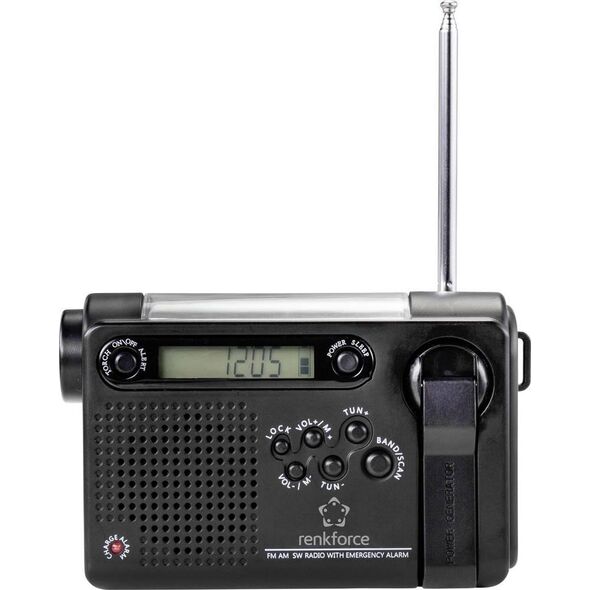 Radio budowlane Renkforce Renkforce RF-CR-200 Kofferradio UKW, MW, KW wiederaufladbar, Solarpanel, Handkurbel, Weckfunktion, Taschenlampe Schwarz (RF-4694806)