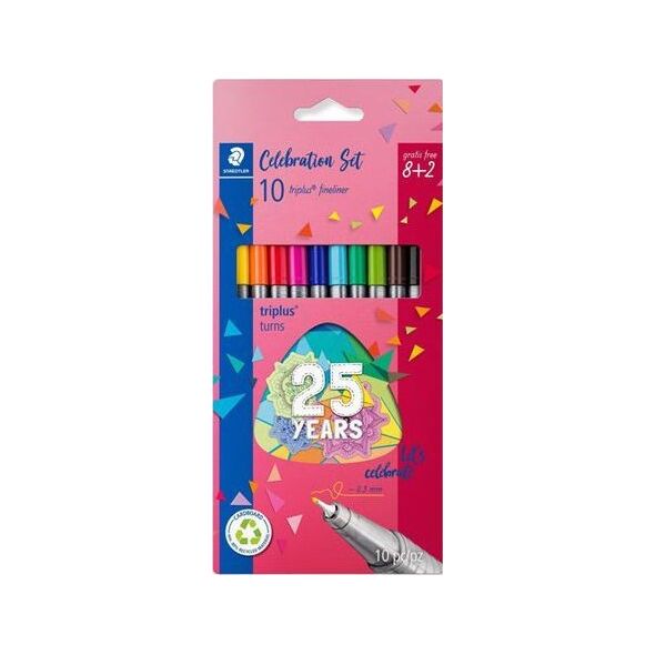 Staedtler STAEDTLER Fineliner triplus, 8 + 2 Celebration-Set Strichstärke: 0,3 mm, dreieckig, DRY SAFE, sortiert in gelb, - 1 Stück (334 BK10TA)