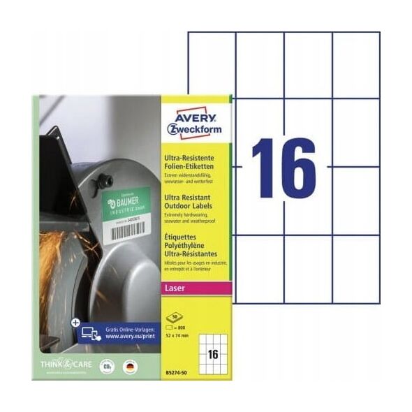 AVERY Avery B5274-50 52 x 74 mm, A4, belagt, Mat, Hvid Hvid 311x220x23mm (50Ark) - (50 st pr. karton)