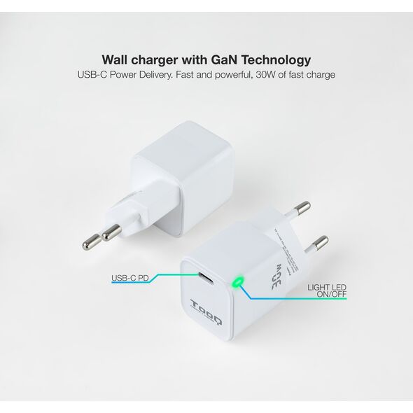 Ładowarka TooQ TooQ GAN USB-C/PD Wall Charger 30W, White, Indoor, AC, White