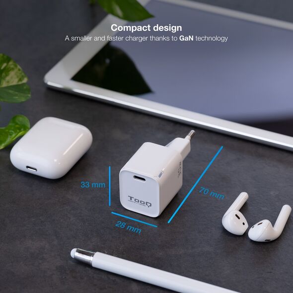 Ładowarka TooQ TooQ GAN USB-C/PD Wall Charger 30W, White, Indoor, AC, White