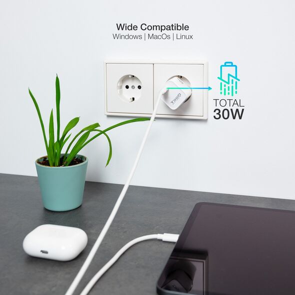 Ładowarka TooQ TooQ GAN USB-C/PD Wall Charger 30W, White, Indoor, AC, White
