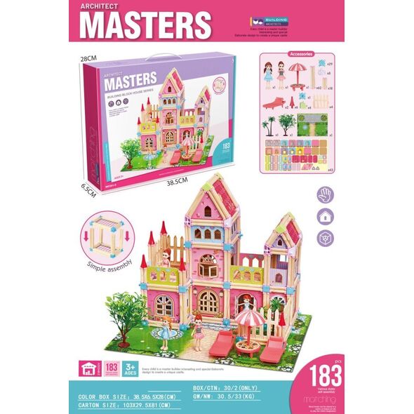 Triton Drewniany Domek Księżniczek z Klocków 183 el. dla dzieci 3+ Elementy konstrukcyjne + 2 Figurki Księżniczek + Akcesoria