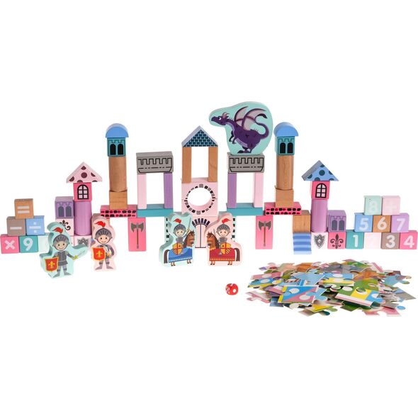 Triton Drewniany zestaw Klocków Zamek z Rycerzami dla dzieci 3+ Drewniane Figurki + Sorter kształtów + Mata z puzzli + Gra Chinczyk